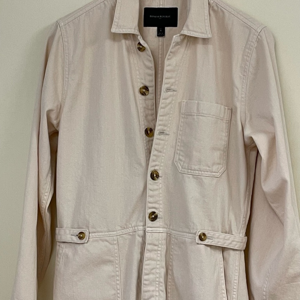 Banana RepublicTan Button-Up Utility 100% Cotton Jumpsuit Pockets Size 6 Tall